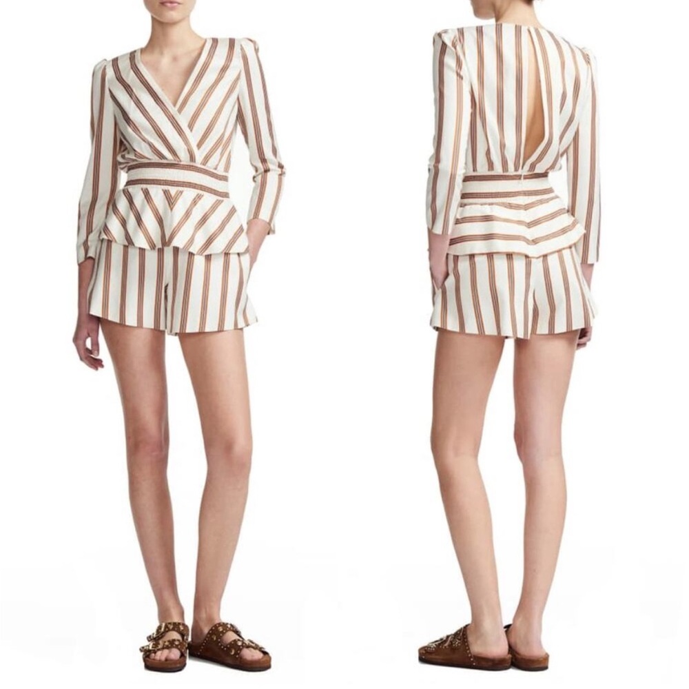 Maje Cream Romper with Orange and Black Stripes